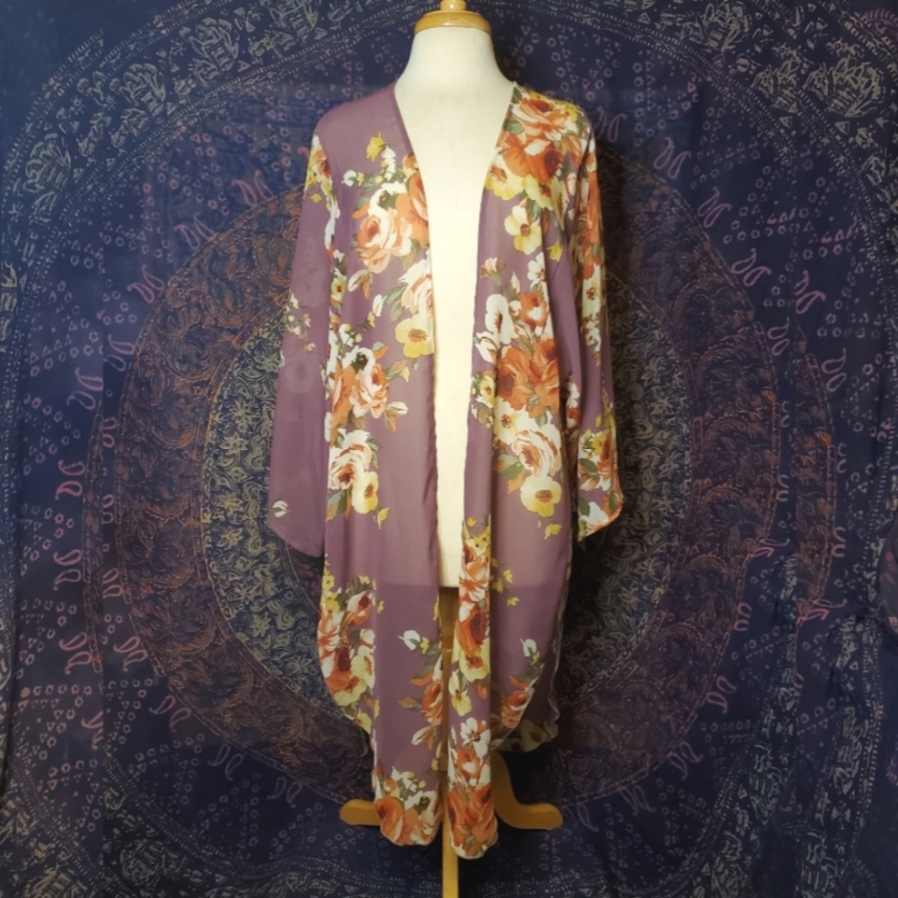 Adora Purple Orange Ivory Floral Sheer Kimono Cover-up Womens Size Large